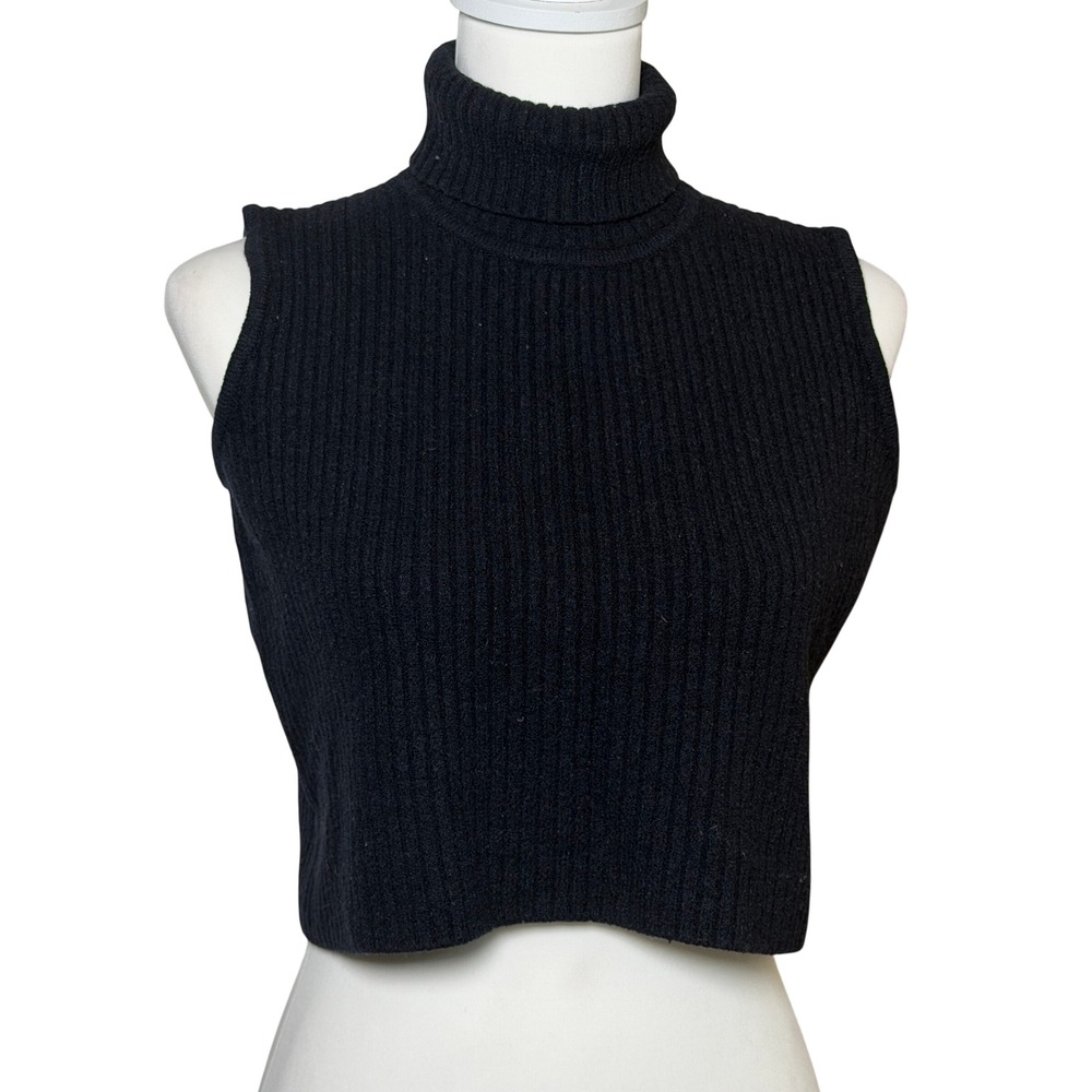 St John Womens Black Ribbed Knit Turtleneck Cropped Shell Top Sz M Quiet Luxury
